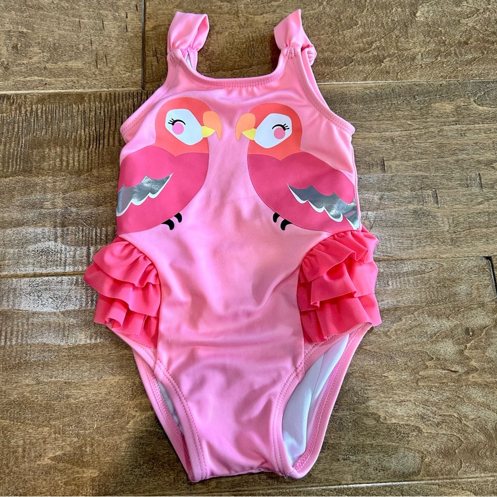 Gymboree Toddler Girls Birds Ruffle One Piece Swimsuit Pink Size 12-18 M EUC